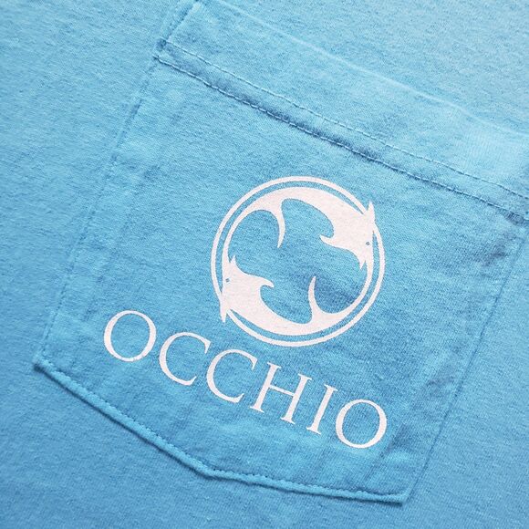 Vintage Occhio Marlin Size Large Mens 2 Tone Blue Double Side Pocket T-Shirt - Picture 6 of 8